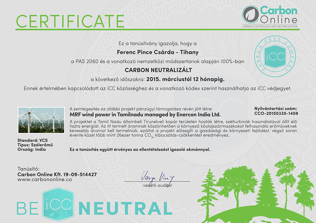 ferencpince carbon neutral company certificate signed 